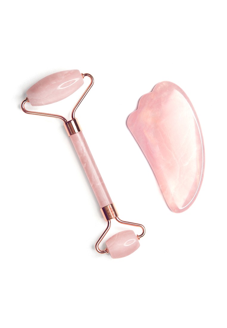 Natural Rose Quartz Face Roller and Gua Sha Massage Set