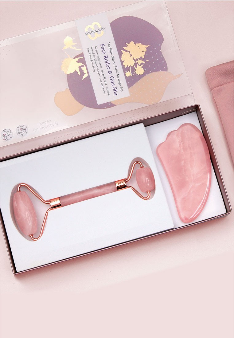 Natural Rose Quartz Face Roller and Gua Sha Massage Set
